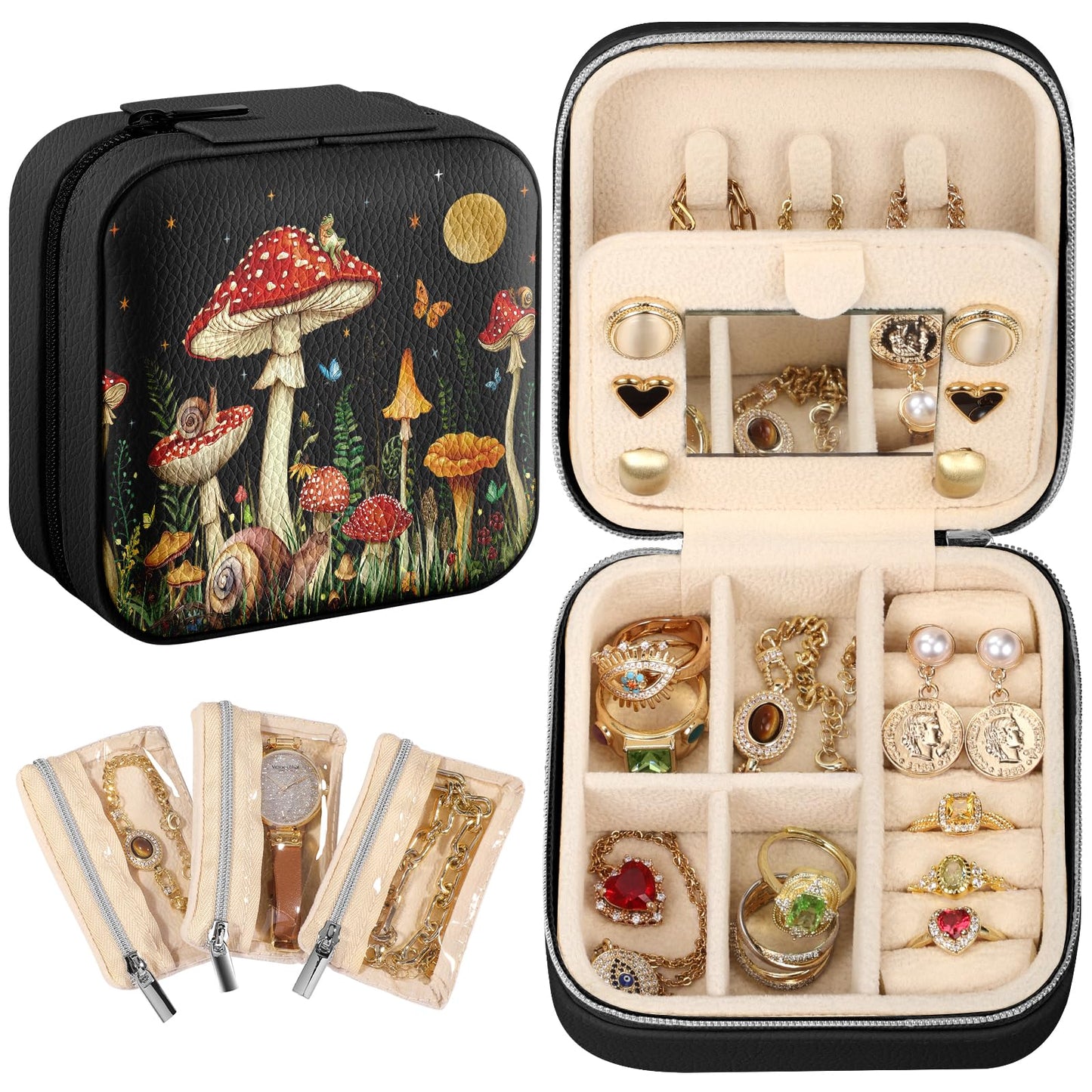 Bistup Travel Jewelry Case - Small Jewelry Organizers and Storage Box for Women Girls Teens Cute Traveling Jewelry Holder with Mirror Little Tiny Compact Modern Unique Aesthetic Pretty, Mushroom