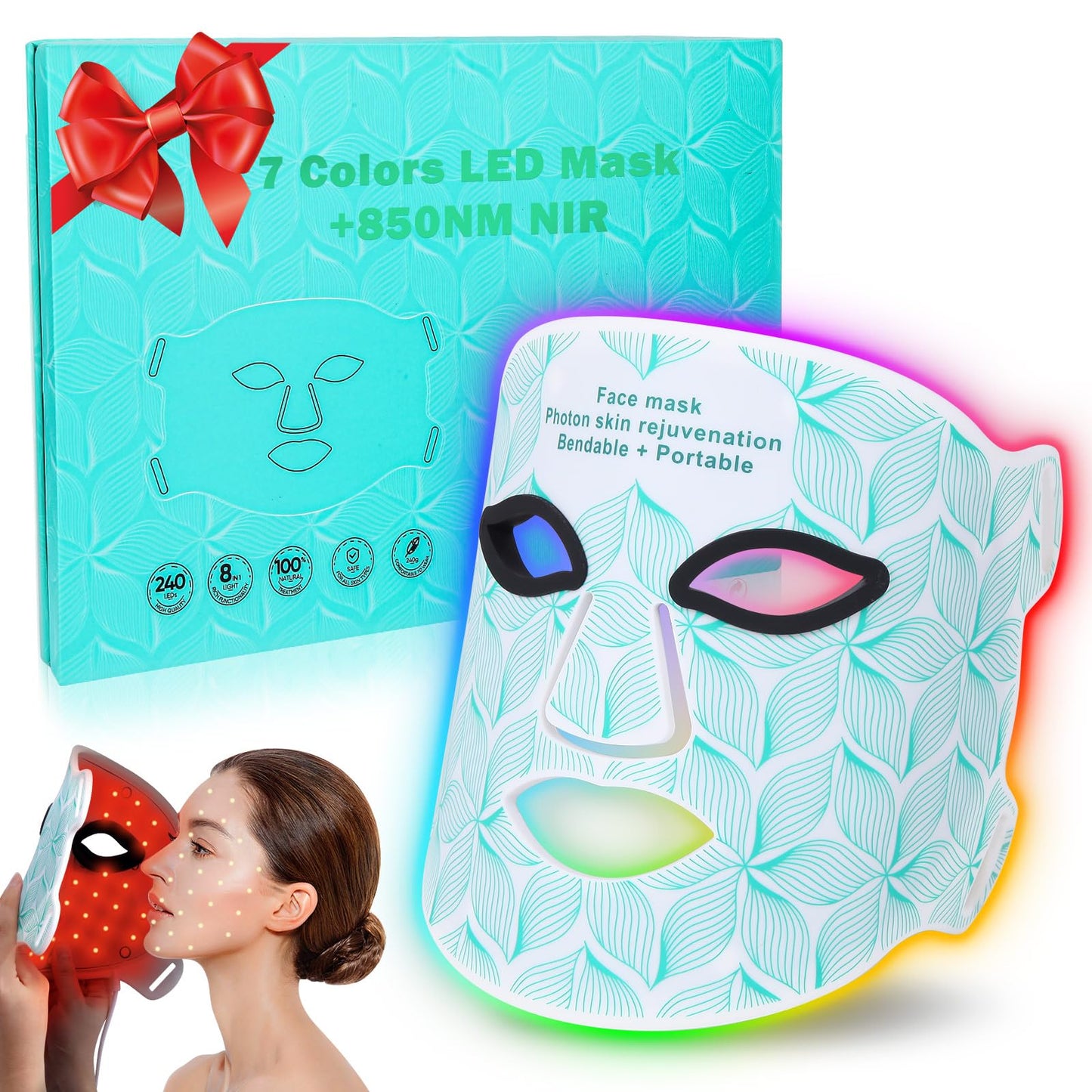 biuufish Red Light Therapy for Face, 7＋1 Colors LED Face Mask Light Therapy with 850NM Near-infrared, Portable Rechargeable Red Light Therapy Mask Skin Care Device at Home and Travel for Anti-Aging