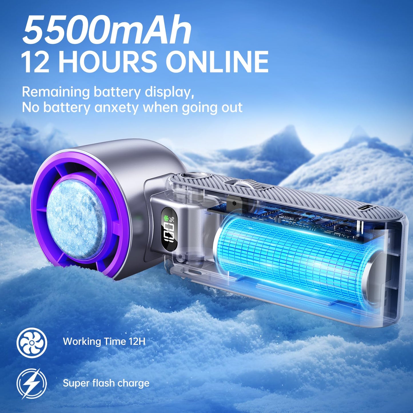Coolhill Handheld Portable Fan with Ice Cooler: 100-Speed 5500mAh Rechargeable Handheld Fan, 12H Time Hand Cooling Personal Fans with 20000 RPM Air Turbo Tech for Travel Outdoor (Purple)