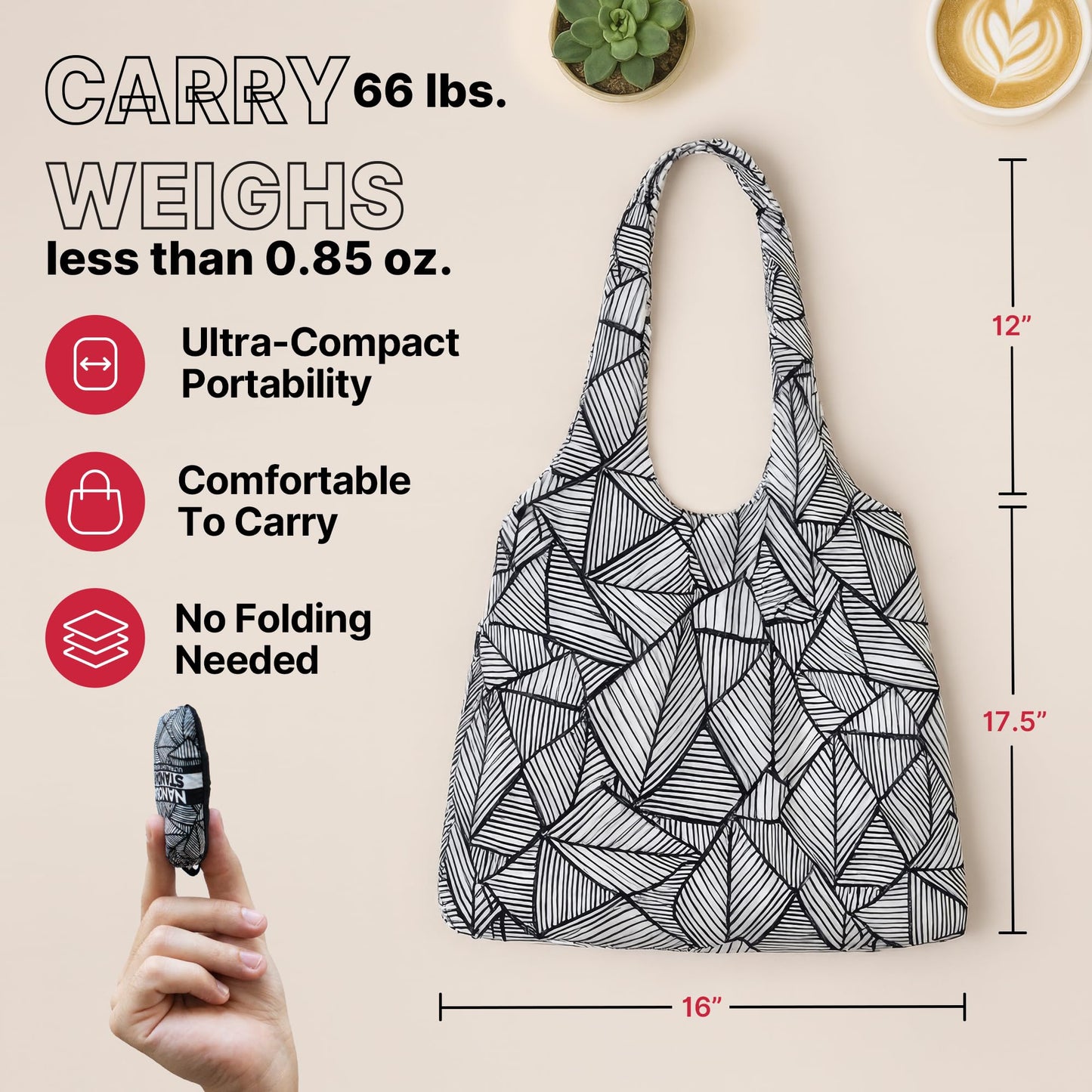 Nanobag Ultra-Lightweight Standard Size Tote Bag for Women & Men, Heavy Duty Reusable Grocery Bag, Foldable Travel Shopping Tote, Packable Cloth Bag with Handles, Washable Market Tote (Black)