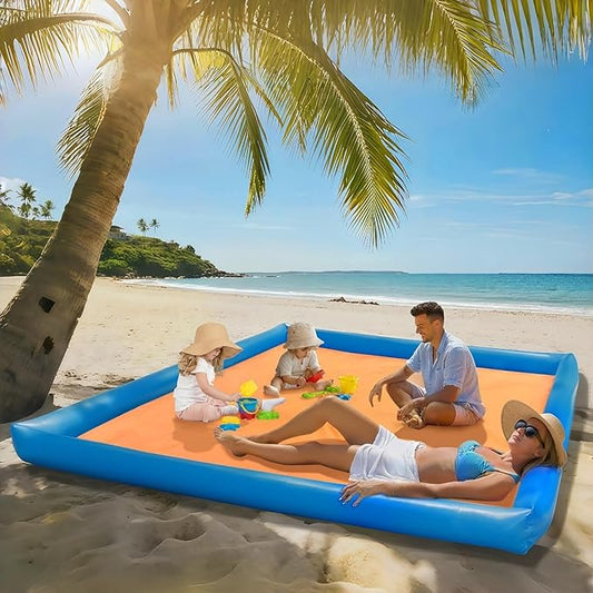 Large Beach Blanket Sandproof, 79"×83" Beach Mat for Family, Beach Mats with Pillow, Camping Sleeping Mat Portable Outdoor with Side Walls, Beach Essentials
