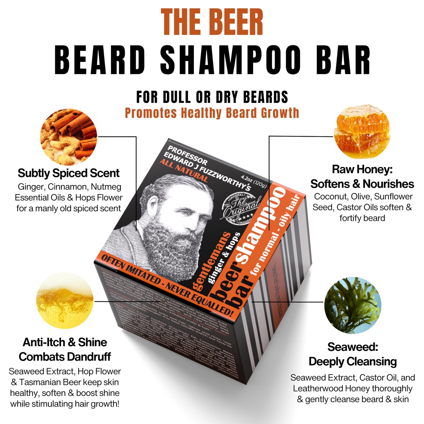 Professor Fuzzworthy's Gentlemans BEER Beard Hair SHAMPOO Bar for Normal, Dry, Oily Hair | SCENTED with All Natural Oils From Tasmania Australia - 4.2 oz