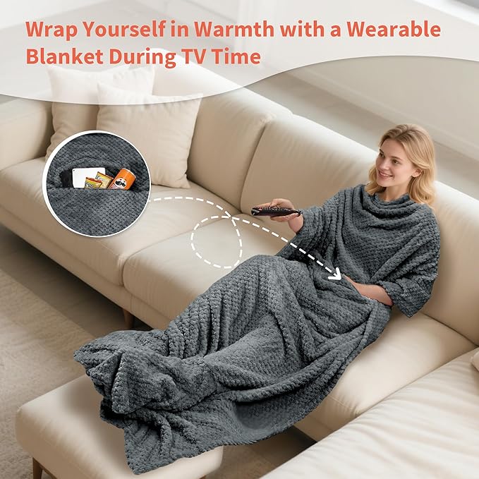 Tirrinia Travel Blanket Airplane Compact with Bag, Soft& Lightweight Wearable Blanket with Foot Pockets for Women Men Adults, Warm Snuggle Blanket, Airplane Travel Essentials, Travel Gifts for Her,