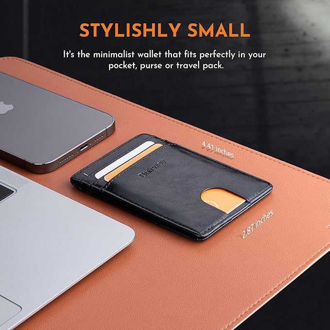 Buffway Mens Slim Wallet, Minimalist Thin Front Pocket Leather Credit Card Holder with RFID Blocking for Work Travel