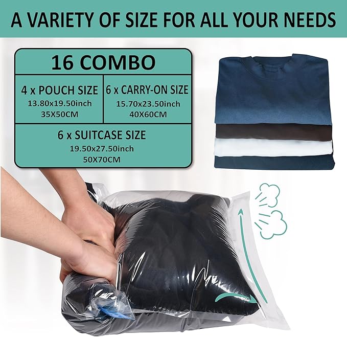 Compression Bags for Travel - Travel Essentials - 16 Pack Space Saver Bags - No Vacuum Needed - Compression Packing Bags for Cruise Accessories