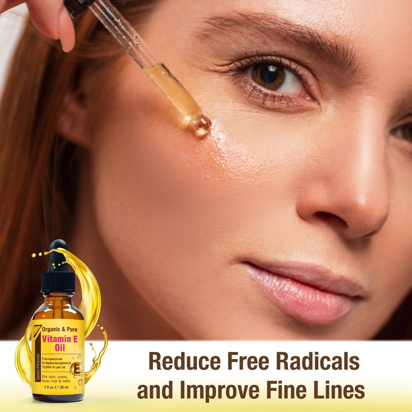 Seven Minerals Ultra Pure Vitamin E Oil - 75,000 I.U. Full-Spectrum D-Alpha Tocopherol, 1 Fl Oz - 100% Organic Vitamin E Oil for Skin, Face, Hair, and Scars - Naturally Occurring = Not Synthetic