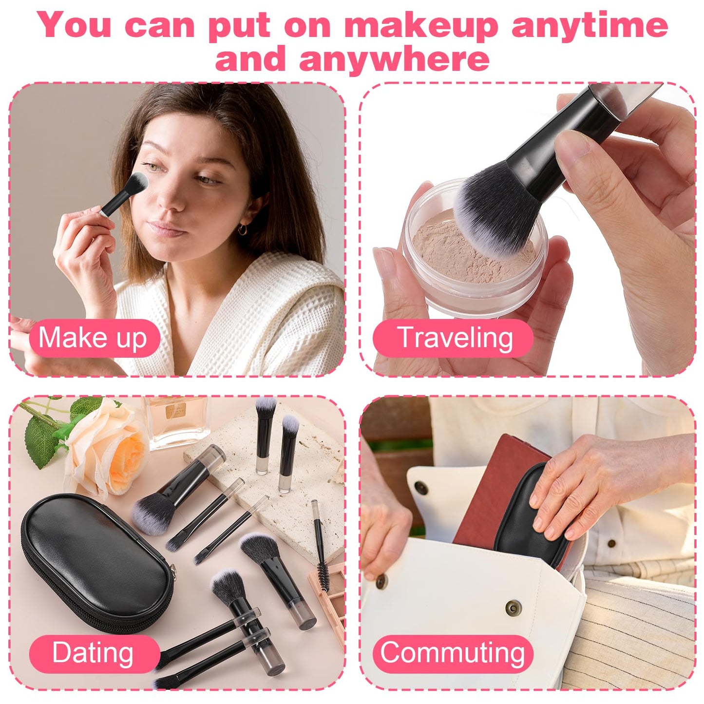 JIYIN 10 PCS Mini Travel Makeup Brushes Set, Black Portable Full Complete Function Cosmetic Kit with Brush Pouch Professional Makeup Brush Set for Women Girls Brush Blush Powder Eye Shadow