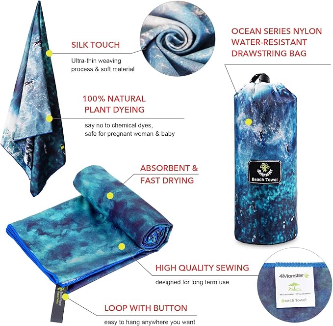 4Monster Microfiber Beach Towel Quick Dry,Super Absorbent Lightweight Travel Towel for Swimmers, Sand Free Camping Towel, Beach Towels for Pool,Swim,Water Sports,Yoga