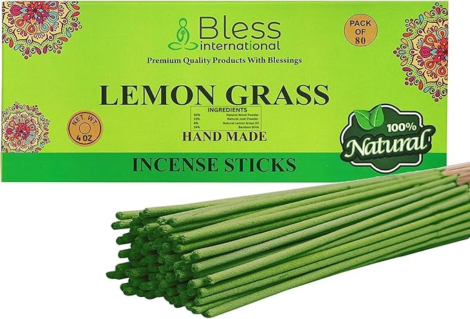 Bless-Lemon-Grass 100%-Natural-Handmade-Hand-Dipped-Incense-Sticks Organic-Chemicals-Charcoal-Free Purification-Relaxation-Positivity-Yoga-Meditation Best-Woods-Scent (80 Sticks (4.20 OZ))
