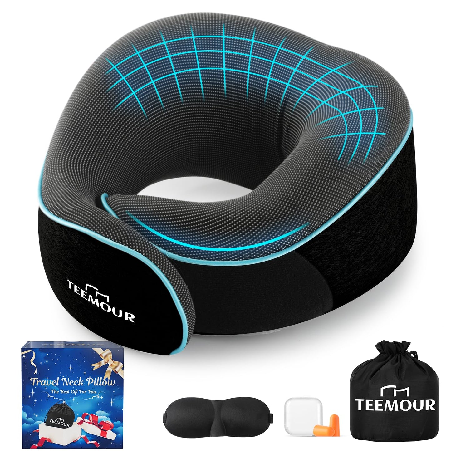 Upgraded Neck Pillow for Airplane Travel - 360° Support Stops Head Bobbing, Memory Foam Travel Pillow With Eye Mask & Earplugs, Portable Carry Bag for Long Flights/Car| Best Airplane Accessories Black