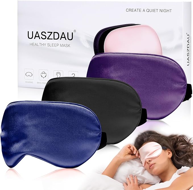 Uaszdau Sleep Mask Silk Eye Mask for Sleeping, Super Soft Blackout Eye Mask for Women Men, Side Sleeper Eye Covers for Sleeping with Adjustable Straps, Travel Eye Mask, 3 Pack, Black-purple-navy