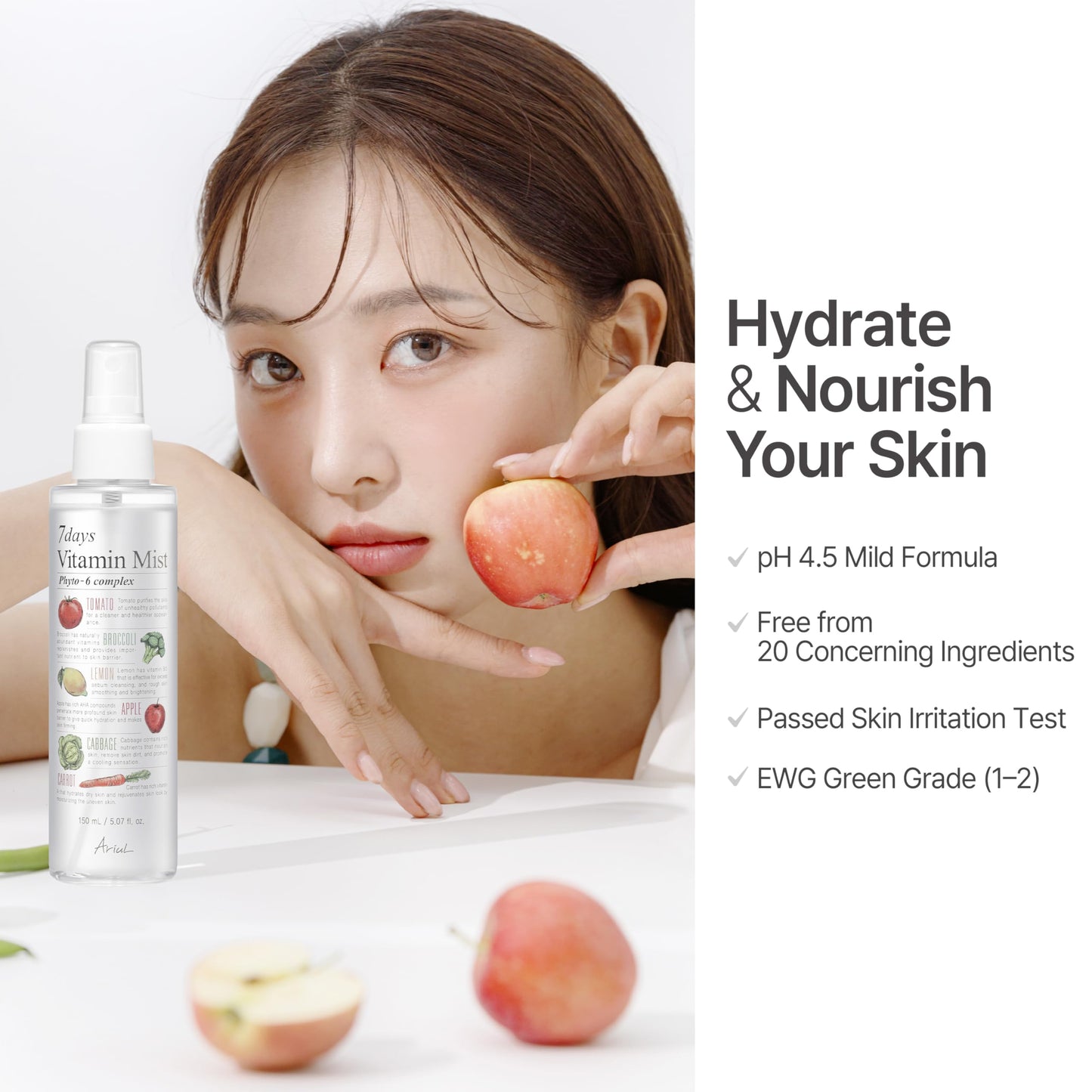 Ariul 7 Days Vitamin Mist 5.07 fl. oz. All Natural Green Graded Nutrients Facial Toner Moisturizing Spray - Biotin, Niacinamide, Riboflavin, Ascorbic Acid, Butylene Glycol, Cyanocobalamin