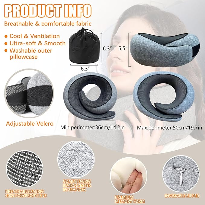 Pillows for Travel Headrest Neck Support Travel Pillows for Airplanes Or Trains, 360° Head Support Sleep for Long Flight, Kit with 3D Contoured Eye Mask, Earplugs and Storage Bag