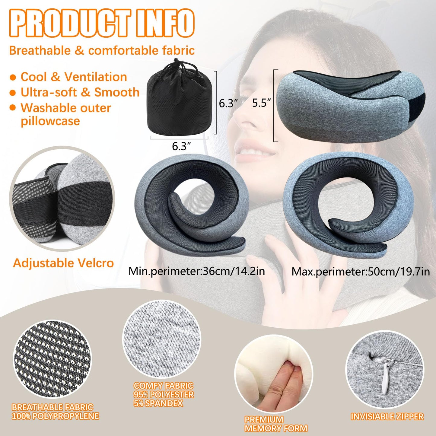 Hanmeimei Travel Neck Pillows for Airplanes Or Cars, 360° Head Support for Comfort On Long Flight, Skin-Friendly and Breathable, Kit with 3D Contoured Eye Mask, Earplugs and Storage Bag