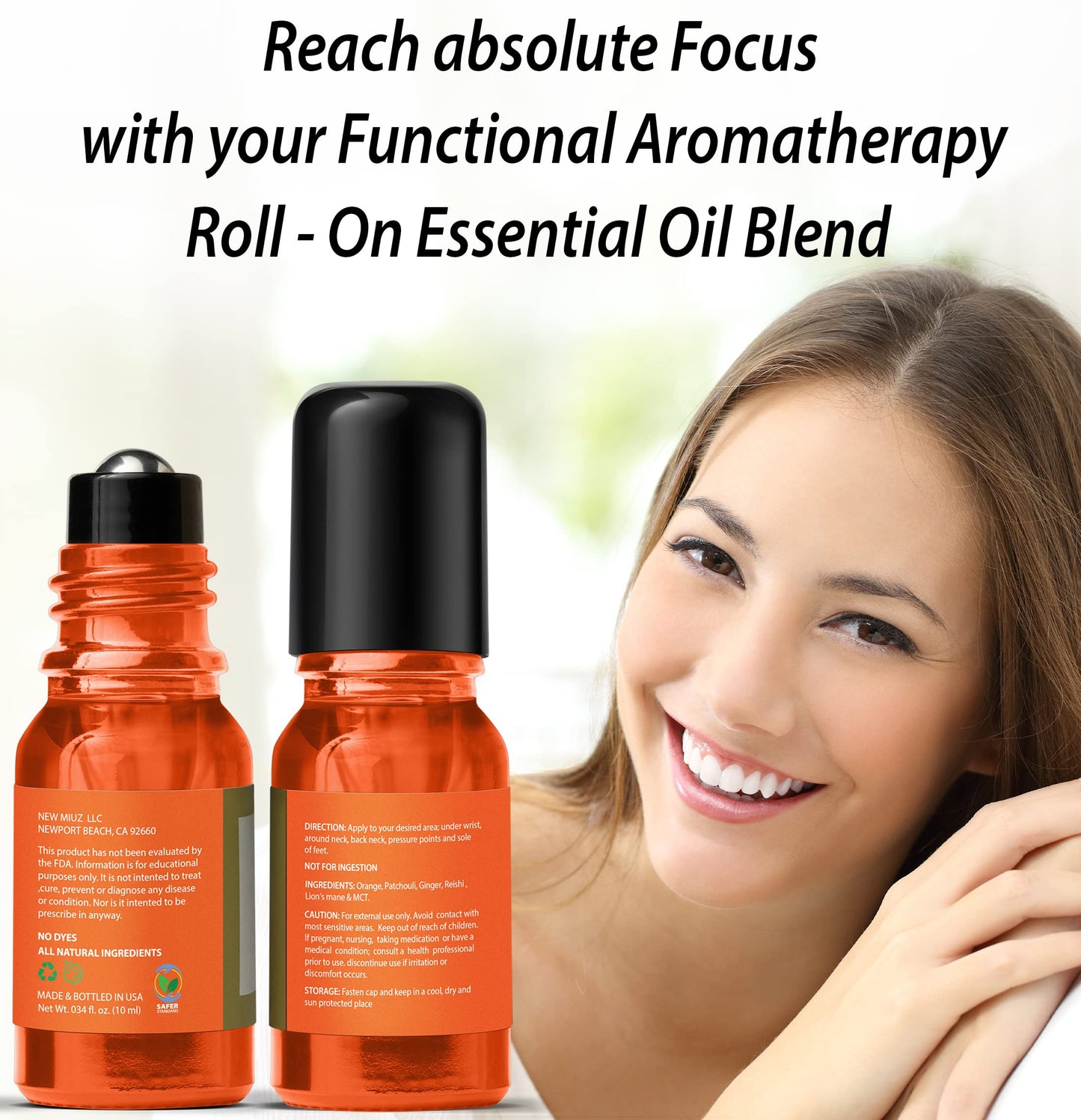 Focus Roll On Essential Oil Concentration Memory Attention Orange Ginger Patchouli Functional Aromatherapy Stick Self Care Study Gift Stocking Stuffer