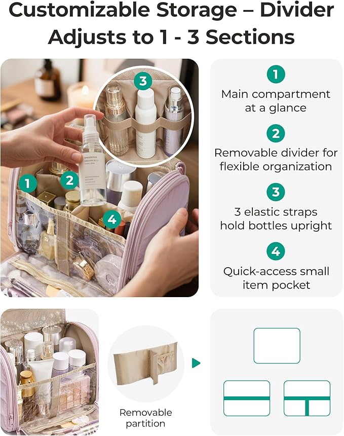 BAGSMART Makeup Bag Puffy Fabric Toiletry Bag, Removable Partition & Hanging Hook, Cosmetic Bag for Travel-Sized Shampoo, Conditioner, Brushes Set, Makeup Accessories, Medium Capacity, Navy Blue