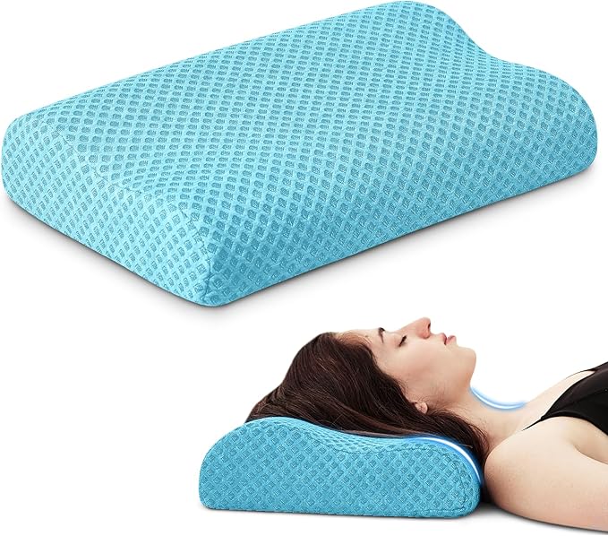 Travel Pillow Memory Foam Pillows, Ergonomic Wave Cervical Neck Pillow for Neck Pain Relief, Compressible Medium Firm Side Sleeper Pillow, Ideal for Camping, Office, Home & Bed (Light Blue, M)