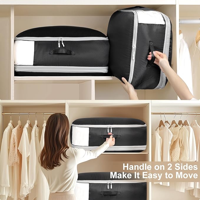 Comforter Storage Bag - Large Capacity Blanket Storage Bags 3-Layer Ultra Space Saving Self Compression Organizer, Washable Compression Bags for Storage Comforter Blanket, 8-Pack, Black