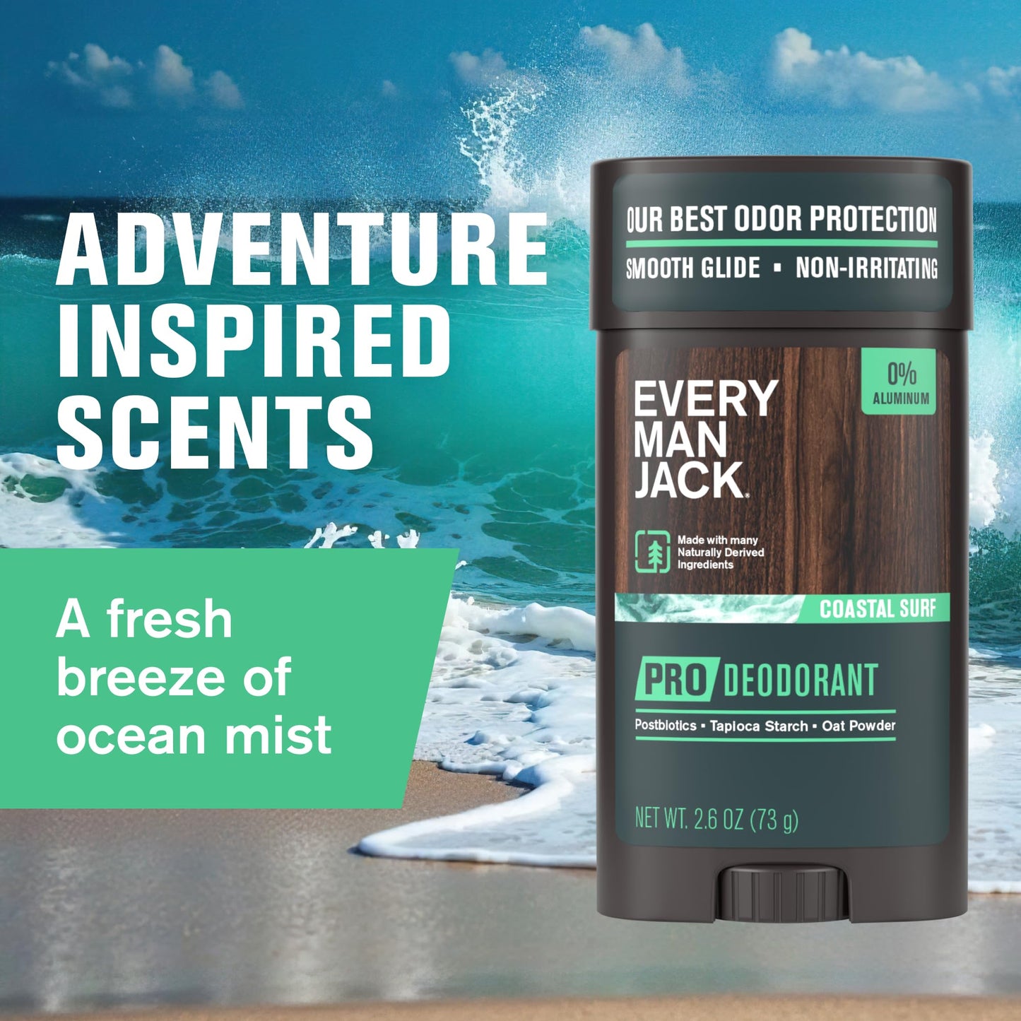 Every Man Jack Men's Pro Deodorant - 48-Hour Odor Defense Blend - Aluminum Free - Contains Postbiotics, Tapioca Stach & Oat Powder - Coastal Surf Scent - 2.6 oz (1 Pack)