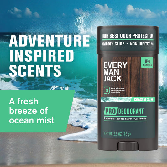 Every Man Jack Men's Pro Deodorant - 48-Hour Odor Defense Blend - Aluminum Free - Contains Postbiotics, Tapioca Stach & Oat Powder - Coastal Surf Scent - 2.6 oz (1 Pack)
