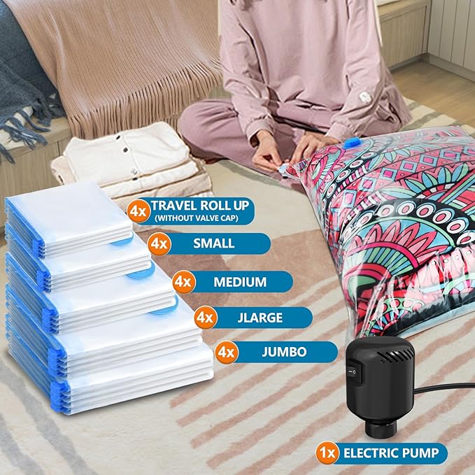 20 Pack Vacuum Seal Bags for Clothing with Electric Air Pump, Space Saver Vacuum Storage Bag for Clothes, Mattress, Blanket, Duvets, Pillows(4 Jumbo/4 Large/4 Medium/4 Small/4 Roll Up Bags)