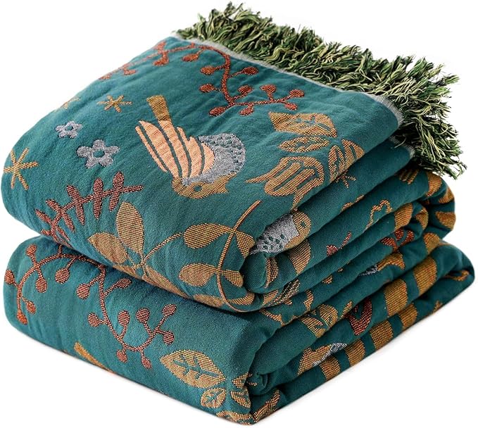 Boho Throw Blanket for Couch 100% Cotton Ultra Soft Rustic Quilt Birds and Floral Double Embroidery Fall Throw Blankets,50"×60" All Season Throws for Sofa Chair