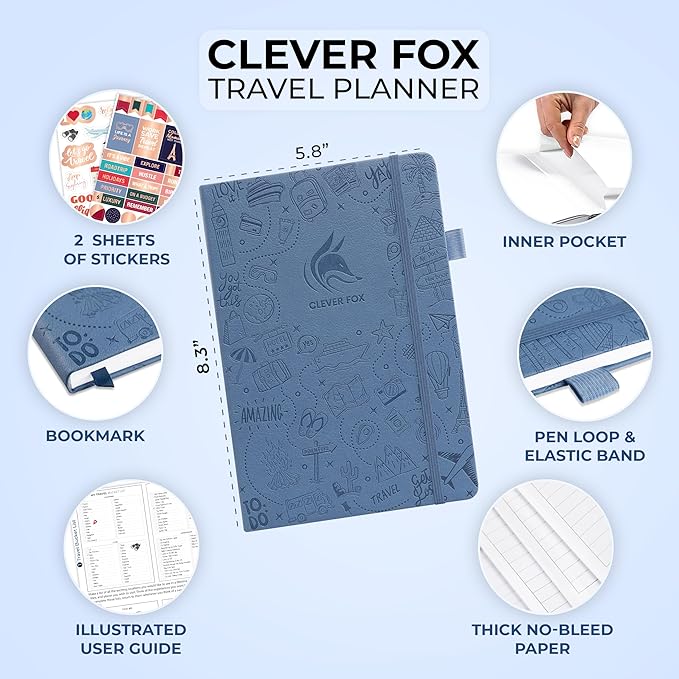 Clever Fox Travel Journal – Vacation & Trip Organizer with Budget Plan, Packing List, Travelling Expense Tracker, A5 (Smoke Blue)
