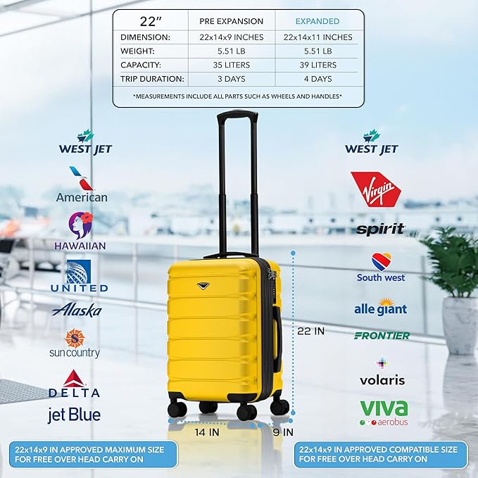 Carry On Suitcase Hardside Built In TSA Lock & USB Port Silent Double Spinner Wheels Maximum Overhead Carry-On Bag For American & United Approved Airlines( 22x14x9" ,Yellow )