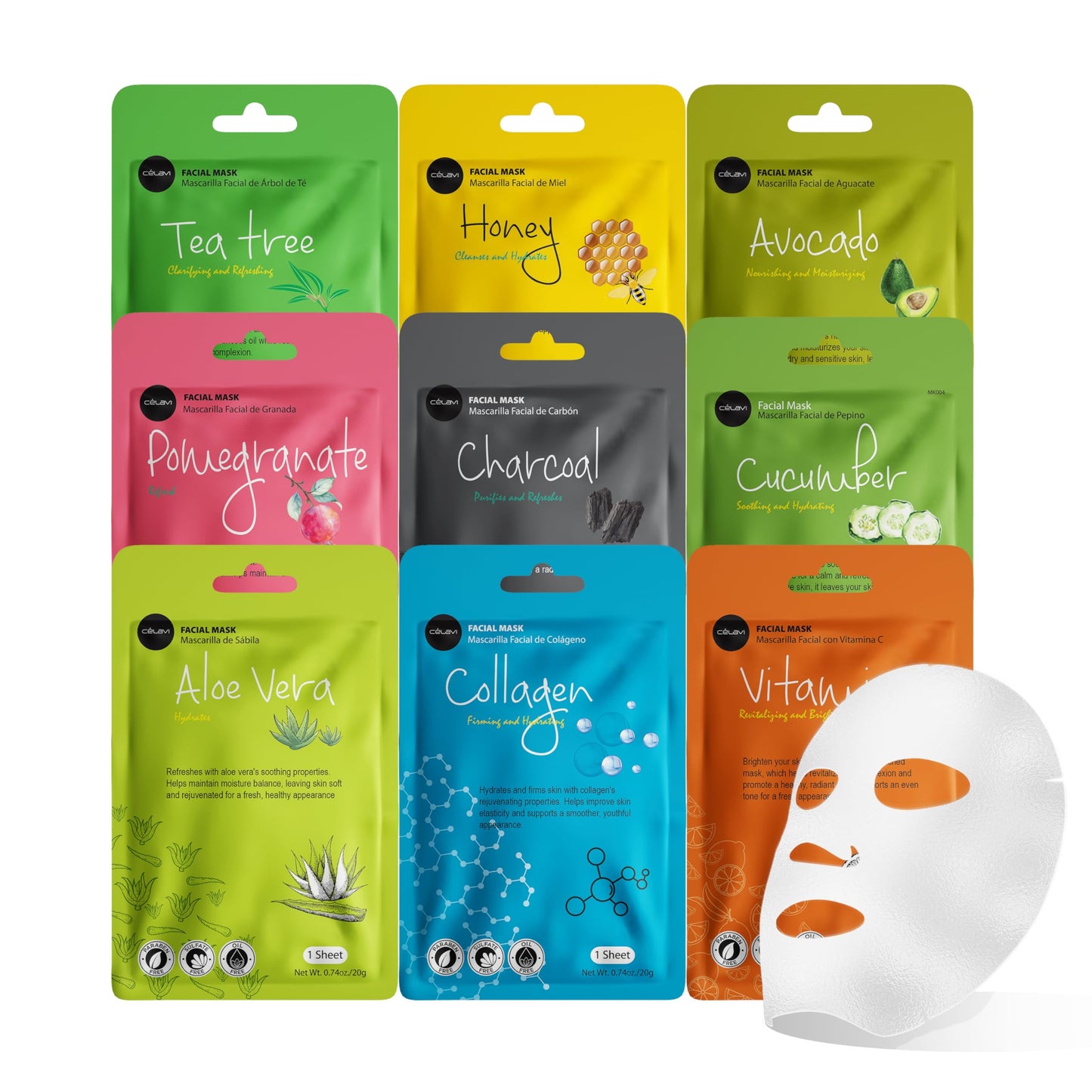 Celavi Essence Facial Face Mask Paper Sheet Korea Skin Care Moisturizing 9 Pack (Mix of 9)