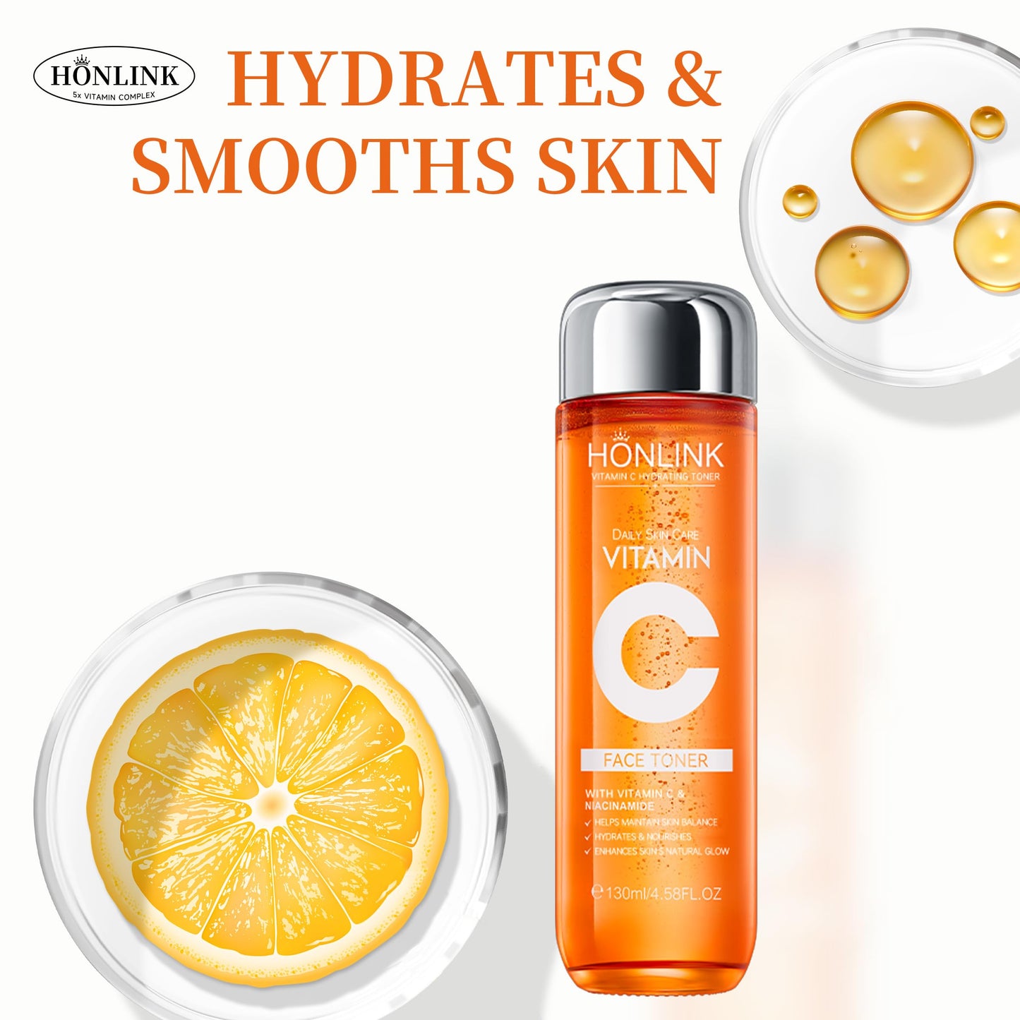 5X Vitamin C Toner HONLINK Facial Care Toner, Hyaluronic Acid Hydrating Facial Treatment for Even Skin Korean Tone, Safe Glowing Skin 130ml,K-Beauty,Tk Popular Skin Care Products, Women Gift