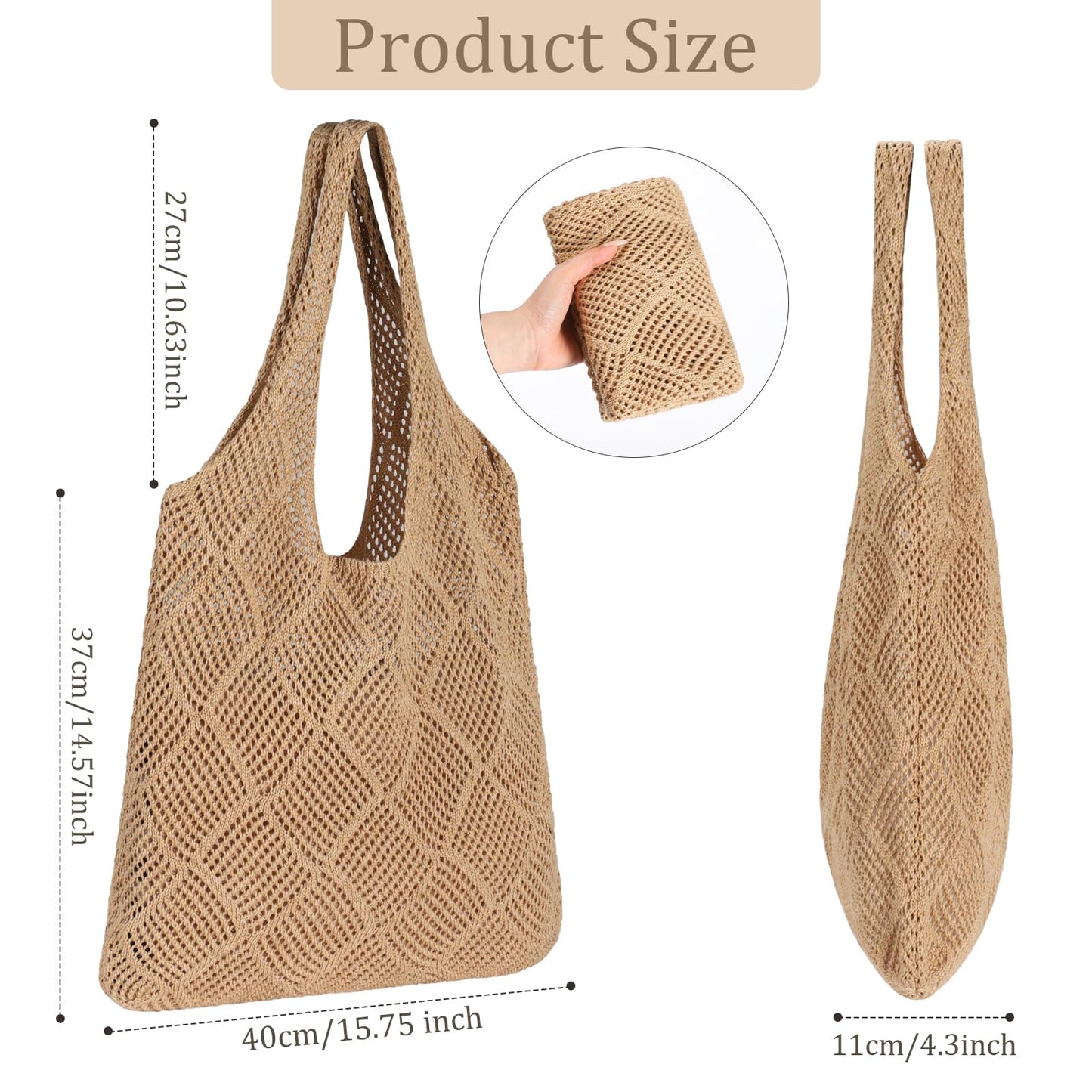 Sightor Crochet Tote Bag, Mesh Beach Bag Knit Summer Hobo Bag Vacation Boho Tote Bag for Women (Brown)