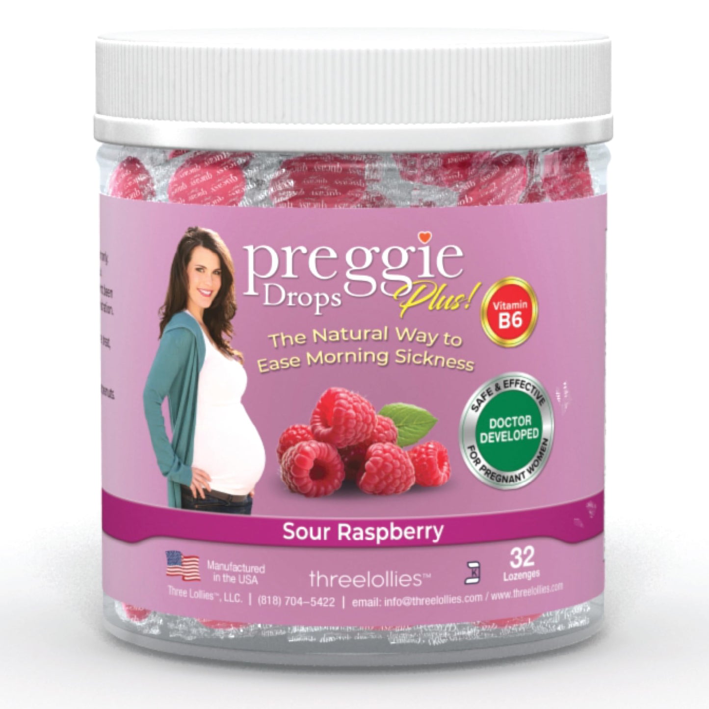 Preggie Pop Drops Plus with Vitamin B6 for Pregnancy Nausea Relief, Morning Sickness Candy with Essential Oils for Pregnant Women – Natural Raspberry, 32 Count