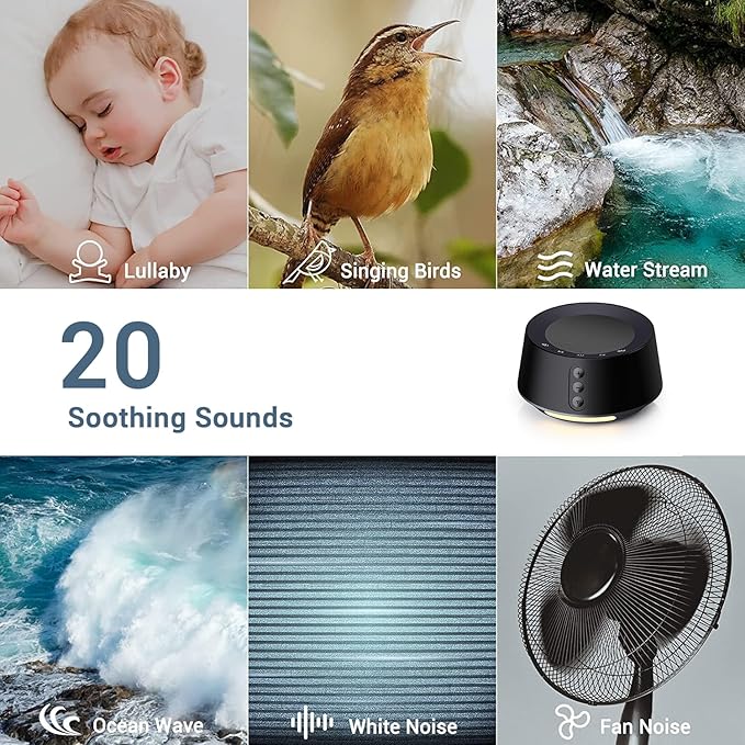 BGOVERSS White Noise Sound Machine with 20 Soothing Sounds, 10 Colors Night Light Sleep Machines Home Office Travel, 5 Timers and Memory Feature Sound Machine for Nursery Baby Kids Adults (Black)