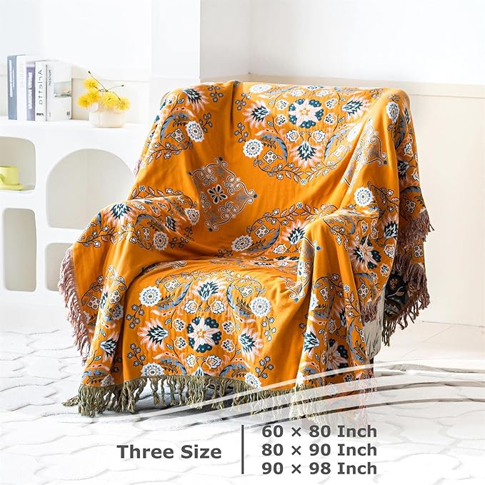 Boho Throw Blanket for Bed 100% Cotton Ultra Soft Rustic Quilt Fall Blanket Floral Printed Farmhouse Decor Bed Blankets,80"×90" All Season Rustic Throw for Sofa Couch Chair