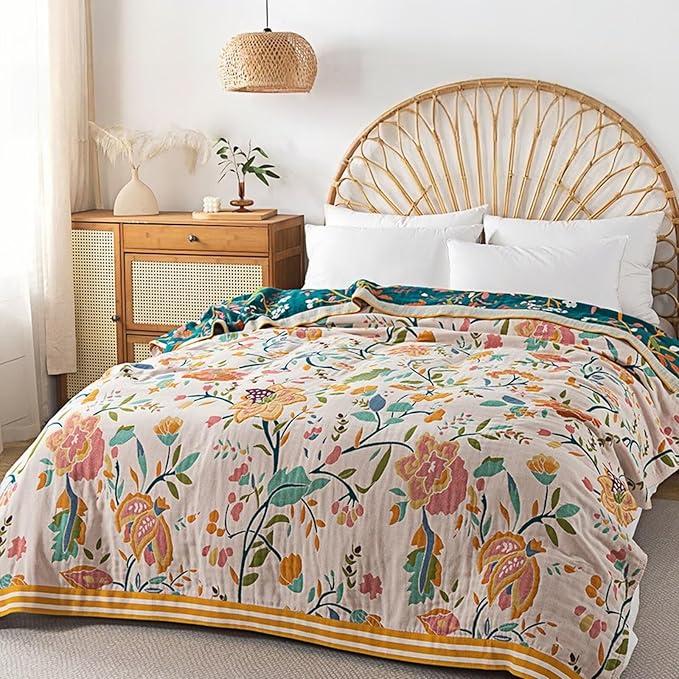 Boho Throw Blanket, Double-Sided Cotton Woven Throw Blankets,Bohemian Style Little Swan Green Boho Muslin Blanket for Traveling, Camping, Picnic, Farmhouse,80''x90''