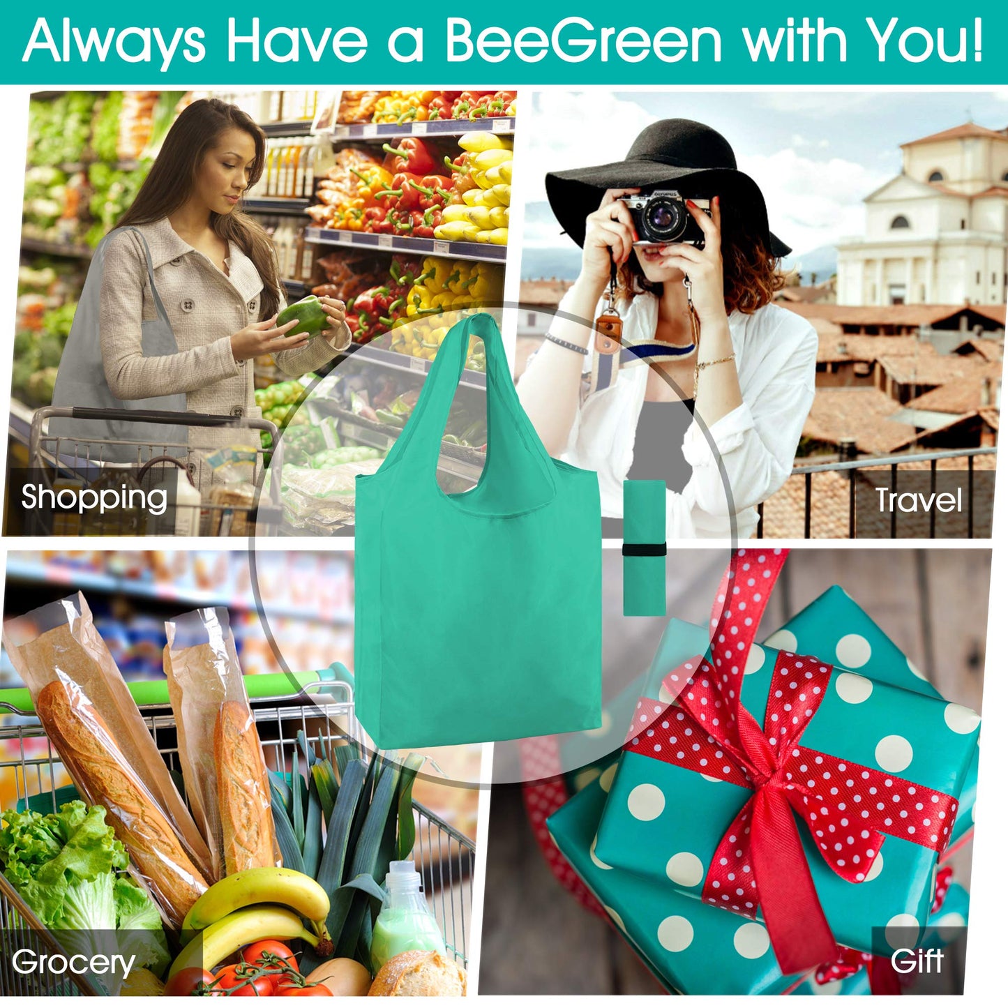 BeeGreen Reusable-Grocery-Bags-Foldable-Machine-Washable-Reusable-Shopping-Bags-Bulk Colorful 10 Pack 50LBS Extra Large Folding Reusable Bags Totes w Zipper Storage Pouch Lightweight Polyester Fabric