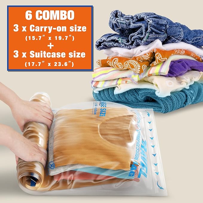 6 Compression Bags for Travel Essentials, Vacuum Packing Space Saver Bags for Cruise Accessories (6-Travel)