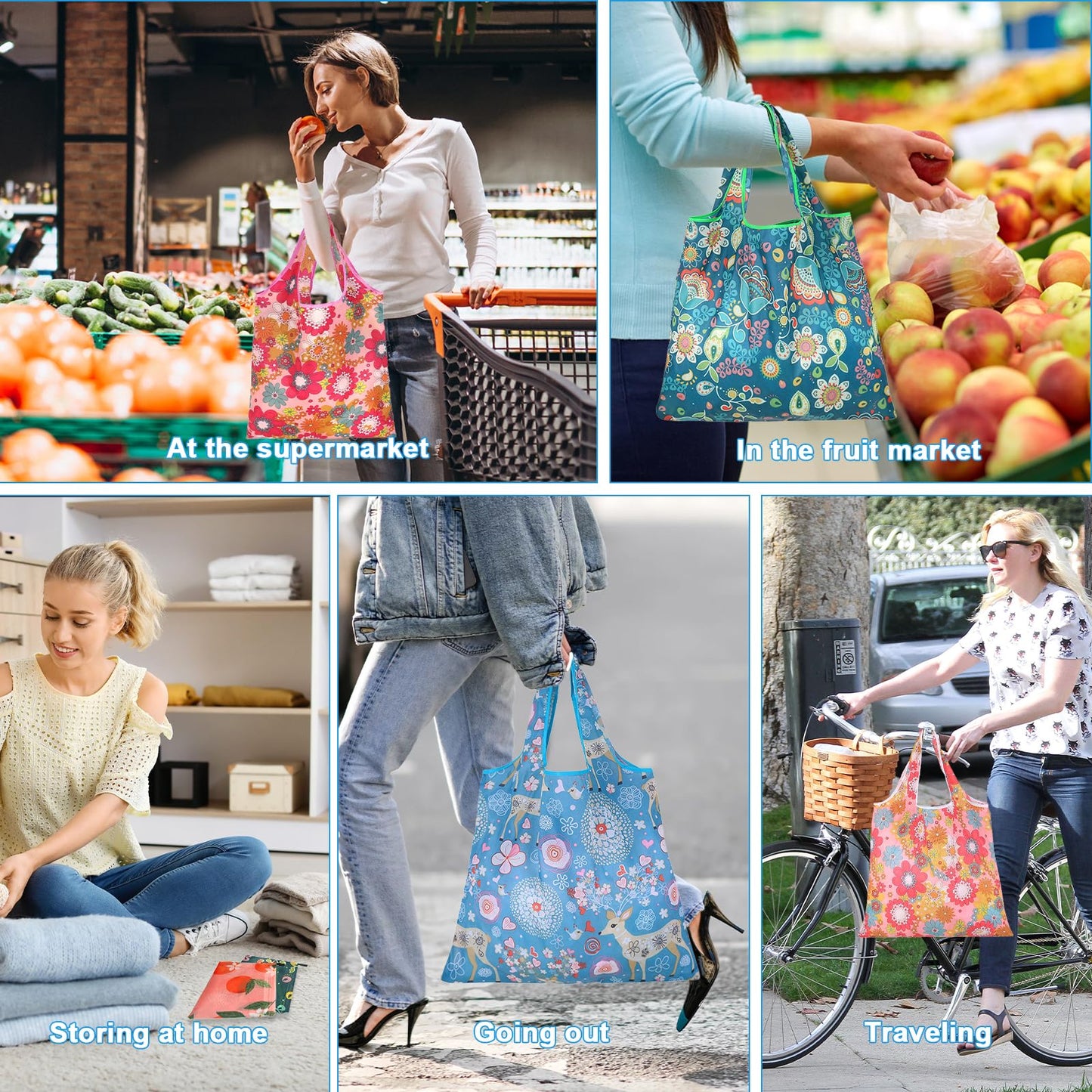 6 Pcs Reusable Shopping Bags Foldable, Machine Washable Shopping Grocery Bags in Pocket , Eco-Friendly Travel Recycle Shopping Bags, Waterproof Pouch Tote Bags for Daily Shopping Supplies load