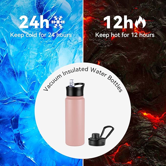 24oz Insulated Water Bottle with Straw Lid, Stainless Steel Metal Water Bottle with Straw & Wide Mouth Lid, Double Wall Vacuum for Hiking Camping, Pink 8 Pack