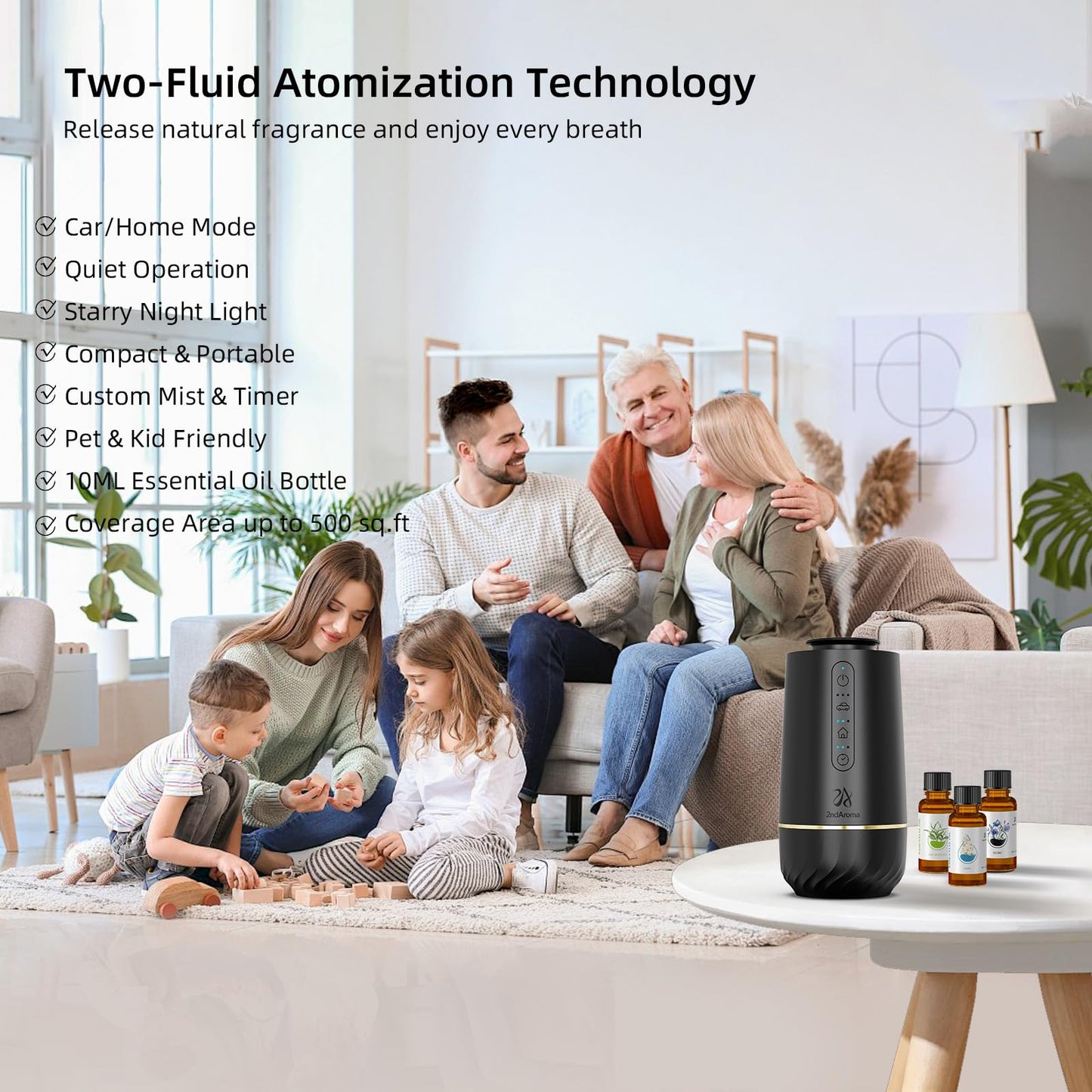 2ndAroma Waterless Oil Diffuser, Portable Car Diffusers for Essential Oils, Wireless Diffusers with 3 Mist Levels & Timer, ABS Material, Starry Night Light for Car Home Office, Includes 3 Scent Oils