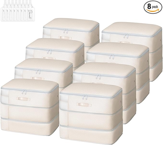 Comforter Storage Bag - Large Capacity Blanket Storage Bags 3-Layer Ultra Space Saving Self Compression Organizer, Washable Compression Bags for Storage Comforter Blanket, 8-Pack, Beige