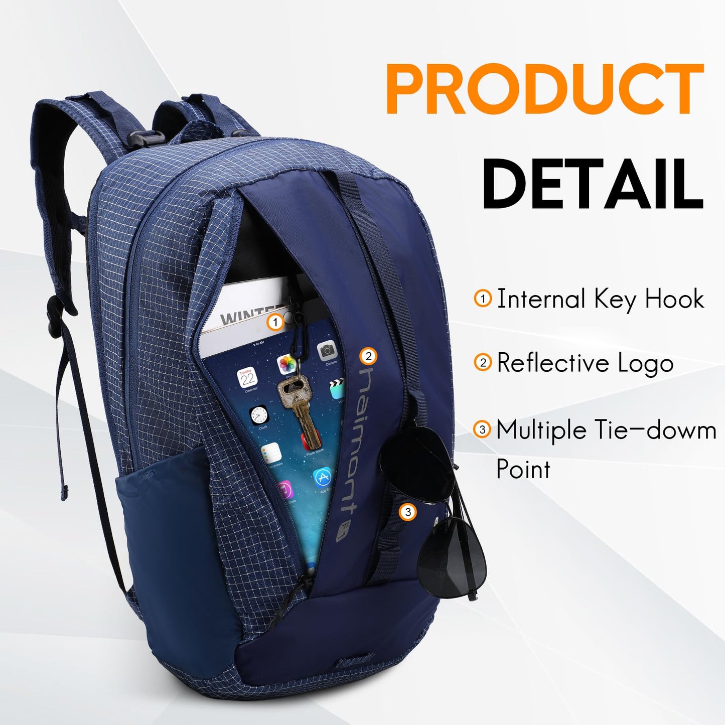 Haimont 25L Small Travel Backpack with 3 Compartments for Men Women, Water Resistant Lightweight Commuter Hiking Camping Day Pack, Navy Blue