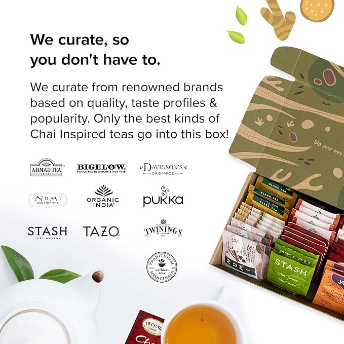 Chai Tea Sampler by Sippingly – 40 Tea Bags, 10 Delicious Chai Blends – Chai Tea Assortment Gift Set – All-Natural, Vegan, Kosher, Gluten-Free – Ideal Gift for Chai Enthusiasts Who Crave Rich, Aromatic Tea Experiences