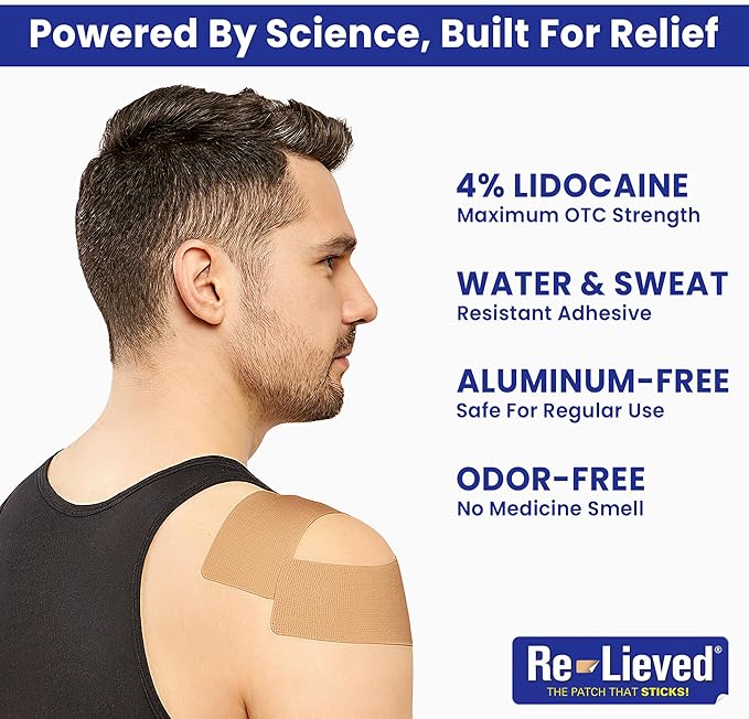 4% Lidocaine Maximum Strength Pain Relief Kinesiology Tape - Relieves Back, Joints and Muscle Pains - Superior Sticking, Aluminum-Free Water Resistant, and USA Made - 2" x 10" Strips