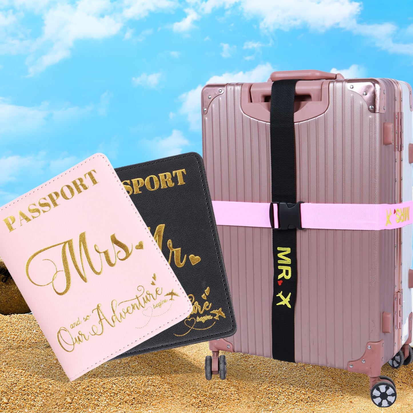 Mr and Mrs Luggage Straps for Suitcases with Matching Passport Holders, Honeymoon Wedding Travel Gift Set for Couples, Bridal Shower Gifts, Newlyweds, Bride, Valentine's Day (Black & Pink)