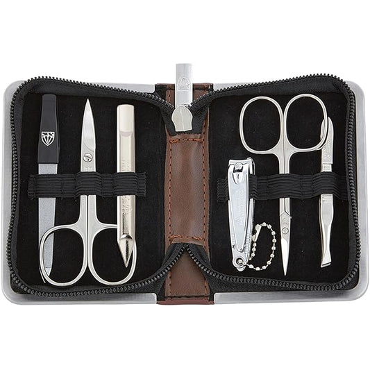 3 Swords Germany - brand quality 6 piece manicure pedicure kit set for professional finger & toe nail care with synthetic leather case - Made in Germany - brown
