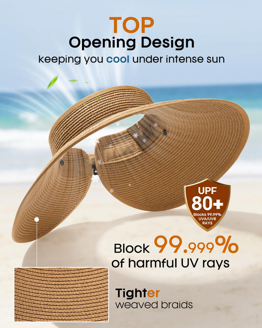 FURTALK Sun Visor Hats for Women Beach Hat Ponytail Summer UPF 80+ Beach Vacation Essentials Packable Wide Brim Khaki