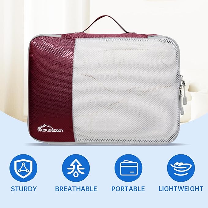 Compression Packing Cubes for Travel, 8 Set Packing Organizers with Zipper Pulls and Mesh Top Panel - Light-weight Travel Cubes for Carry On and Suitcases, Wine
