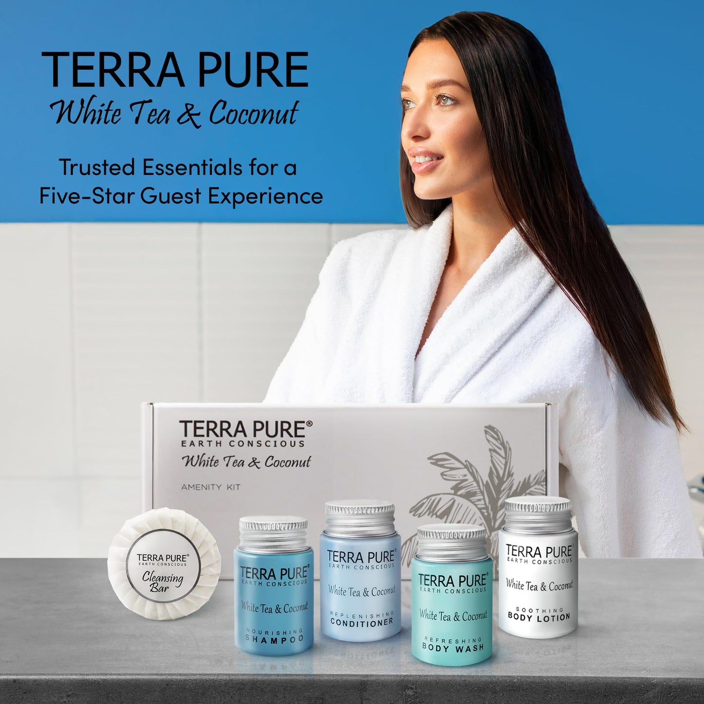 Terra Pure White Tea & Coconut Amenity Kit | Hotel Bulk Toiletries | 1 oz Shampoo, Conditioner, Lotion, Body Wash, Cleansing Bar for Guest Hospitality Vacation Rentals | 1 Set/Case