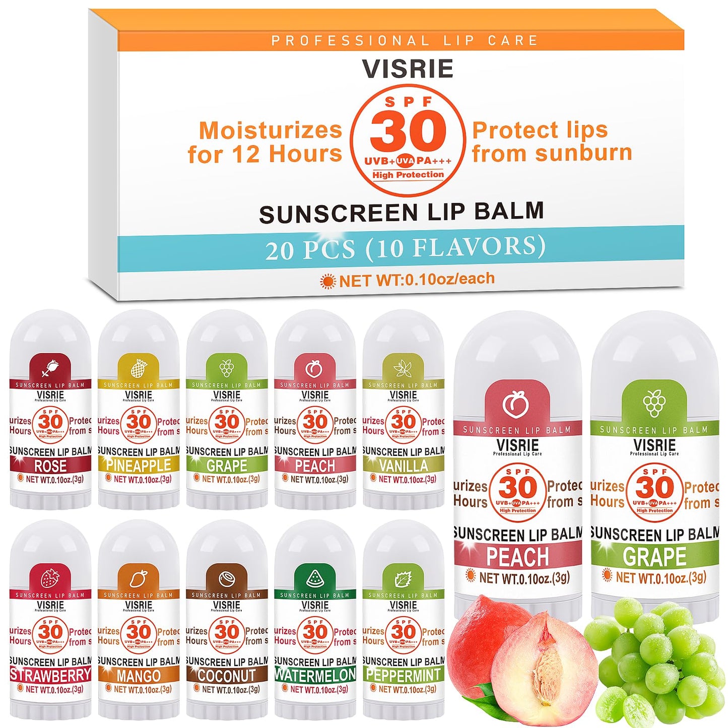 VISRIE SPF 30 Sunscreen Lip Balm, SPF Lip Balm Bulk 20 Count, Broad Spectrum UVA/UVB Lip Sunscreen with Vitamin E and Coconut Oil- 10 Flavors